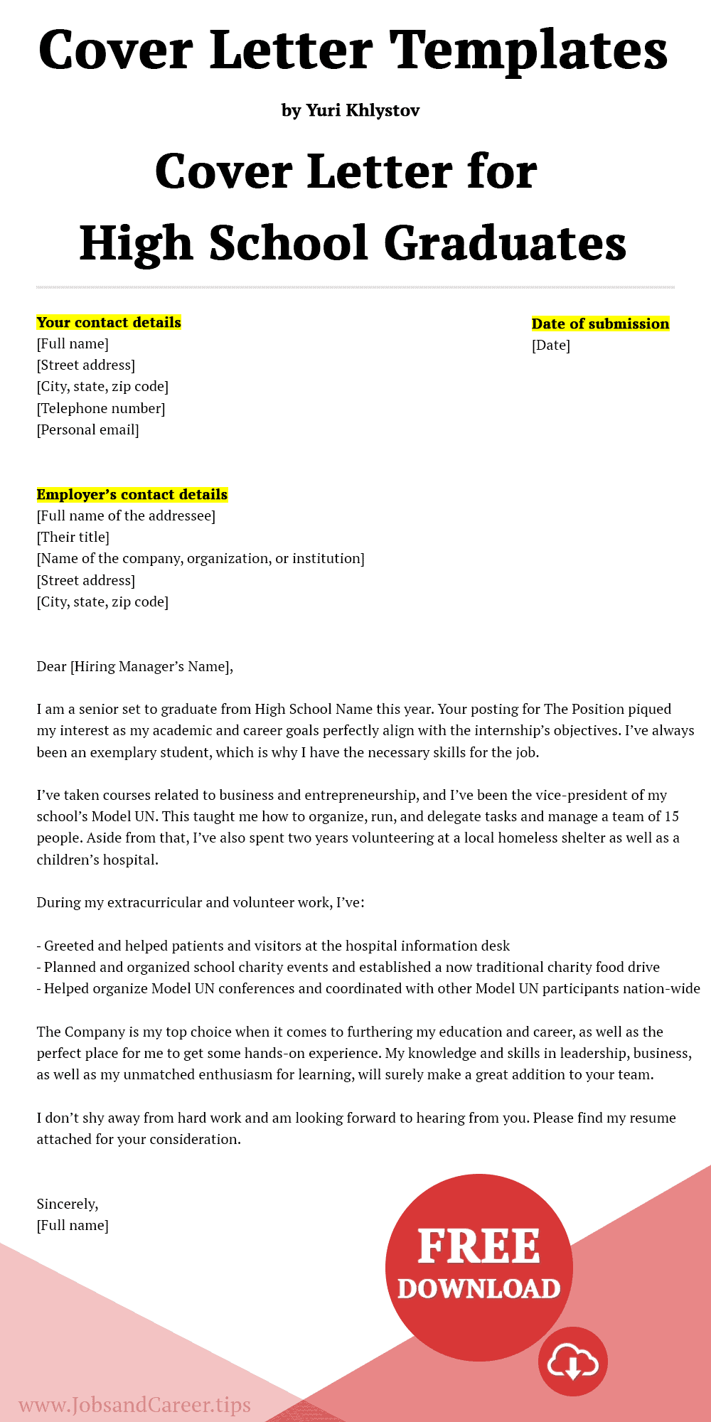 sample cover letter for high school students