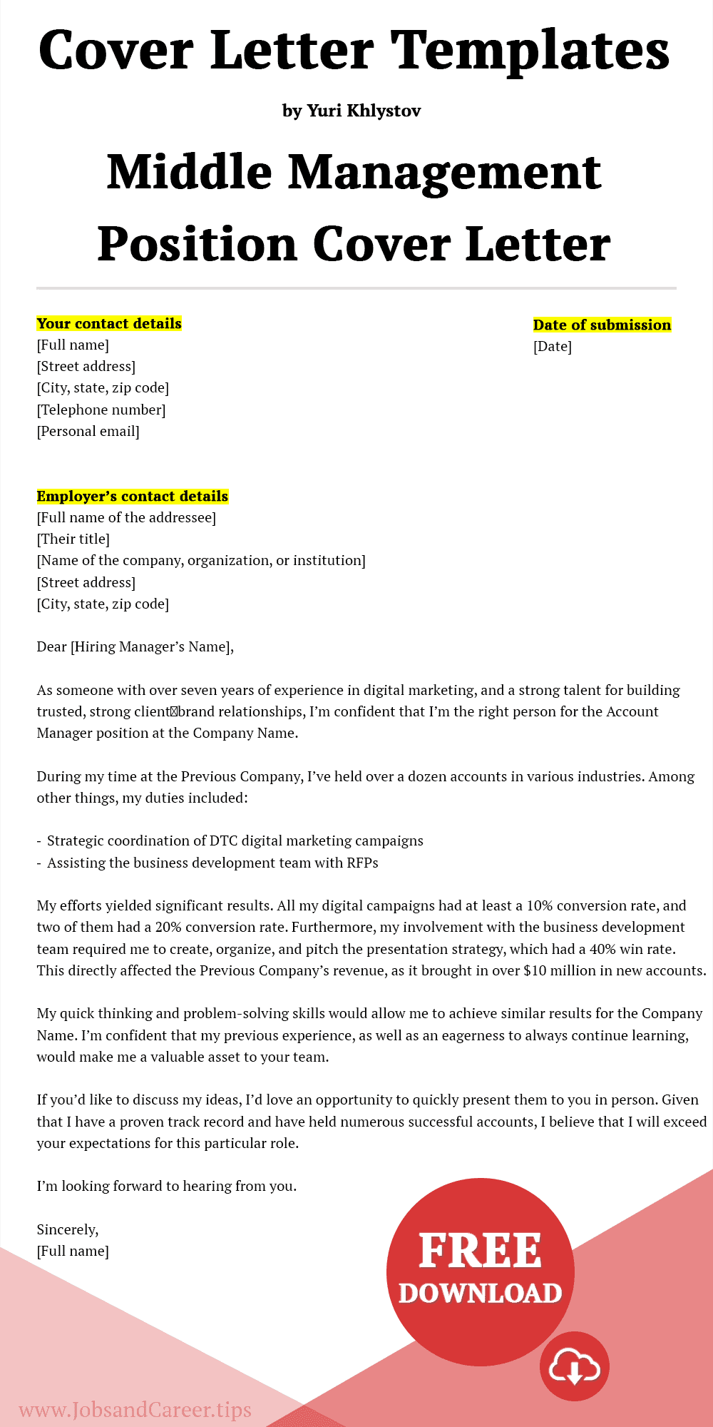 cover letter for middle management position